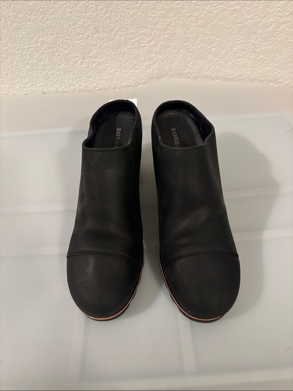 Sorel Black Addington Mule boots SZ 8.5 stacked heel slip on waterproof leather - Picture 2 of 12